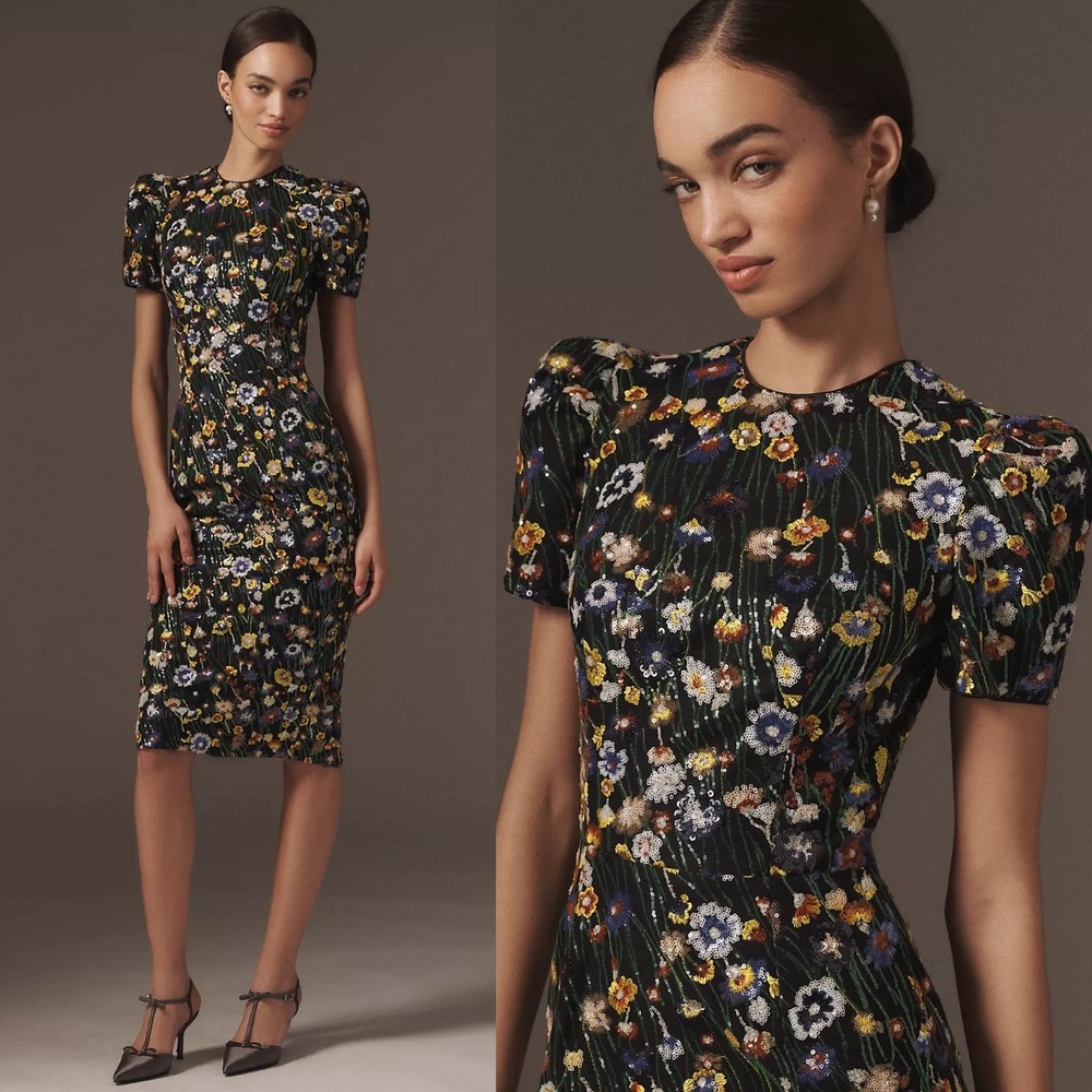 NWT Helsi‎ Piper Short-Sleeve Embroidered Floral Sequin Midi Dress - Size Small